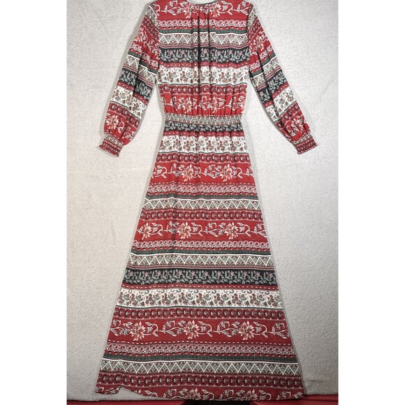 H&M Conscious Womens Maxi Dress 8 Chiffon Red Floral Sheer Smocked Boho Key Hole - Picture 12 of 16